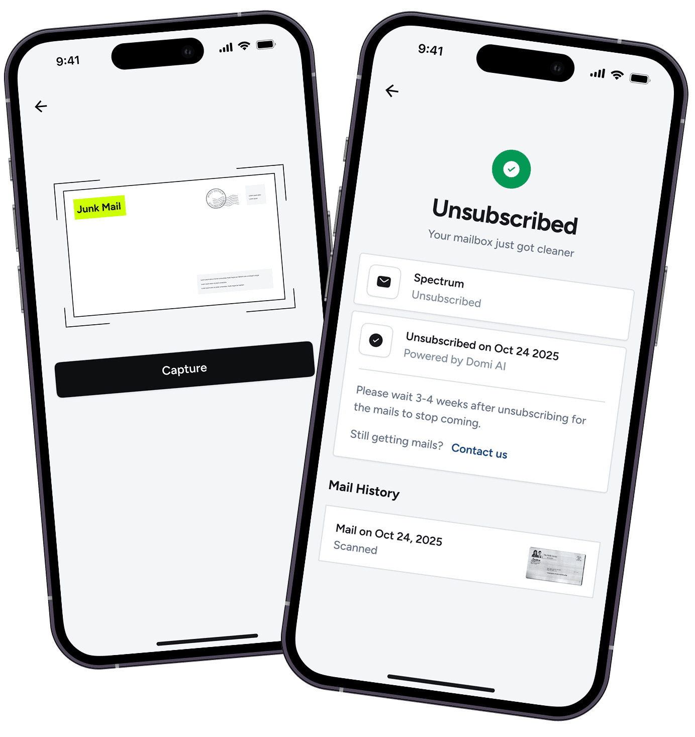 Domi mobile app preview showing junk mail unsubscribe flow